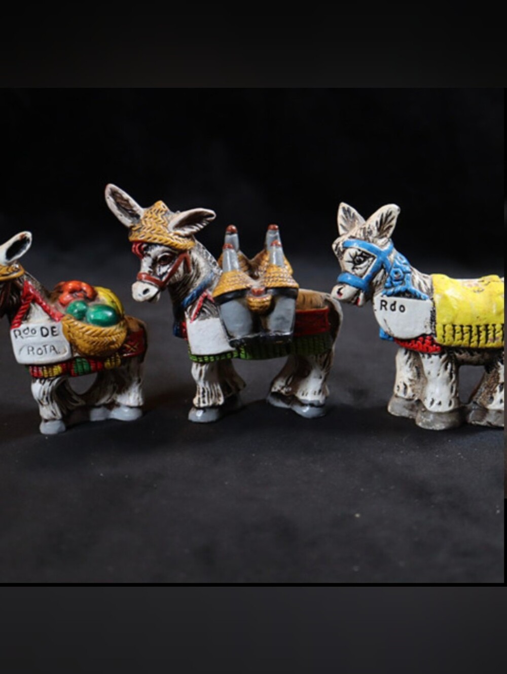 Vintage set of 3 Cute Carved Stone Donkey/Burrows Figurines w/Hats, Baskets, Etc